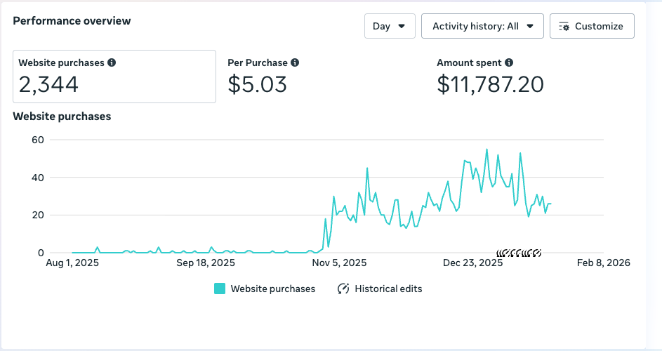 Meta Ads Manager showing 2,344 website purchases from a single sim racing campaign